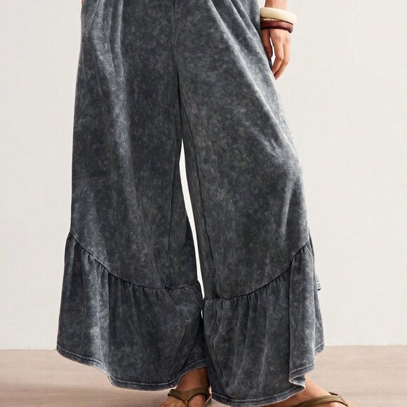 Dark Grey Casual Women's Elastic Waist Ruffle Hem Wide Leg Pants - Picture 6 of 7
